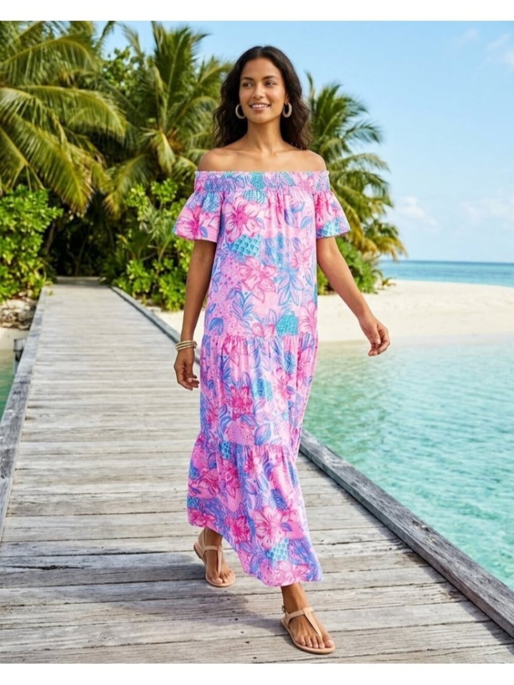 NWT Lilly Pulitzer Dezi Off-The-Shoulder Maxi in Pink Isle Snappy Turtle Dress S